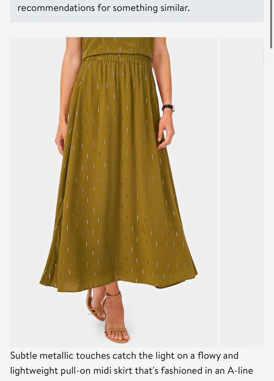 Halogen Metallic Accent Pull-On Midi Skirt Green A-Line Elastic Waist MED 2025